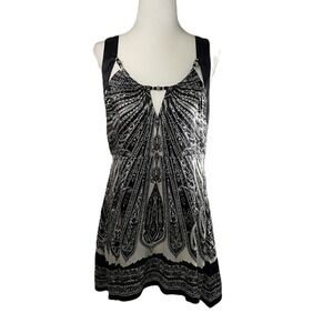Cache Silk Black & White Paisley Print‎ Sleeveless Top Beaded Neckline Size M